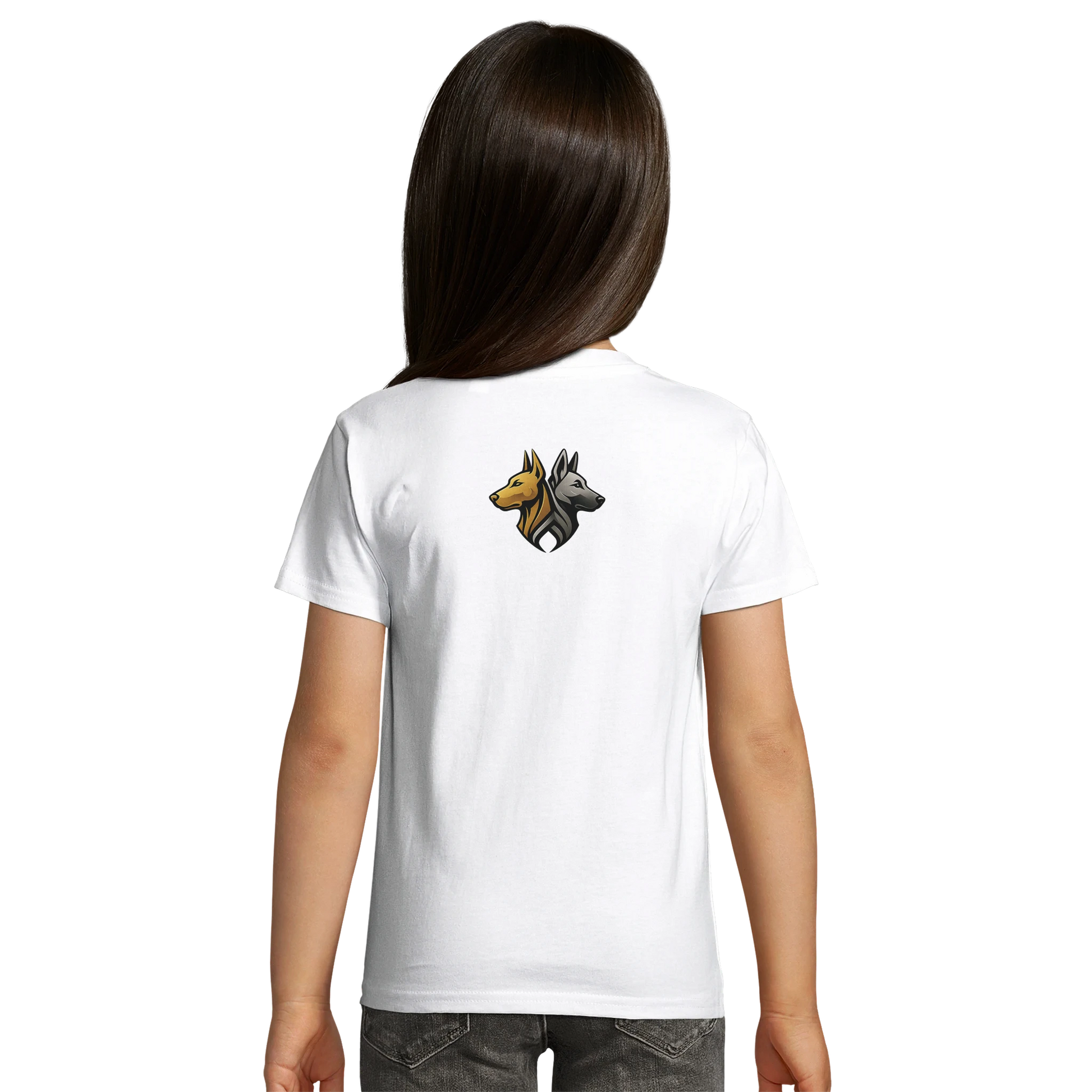 Marque MolossDesign | T-shirt enfant coton bio ajusté tête Malinois argentée1 avec logo sur le dos MolossDesign