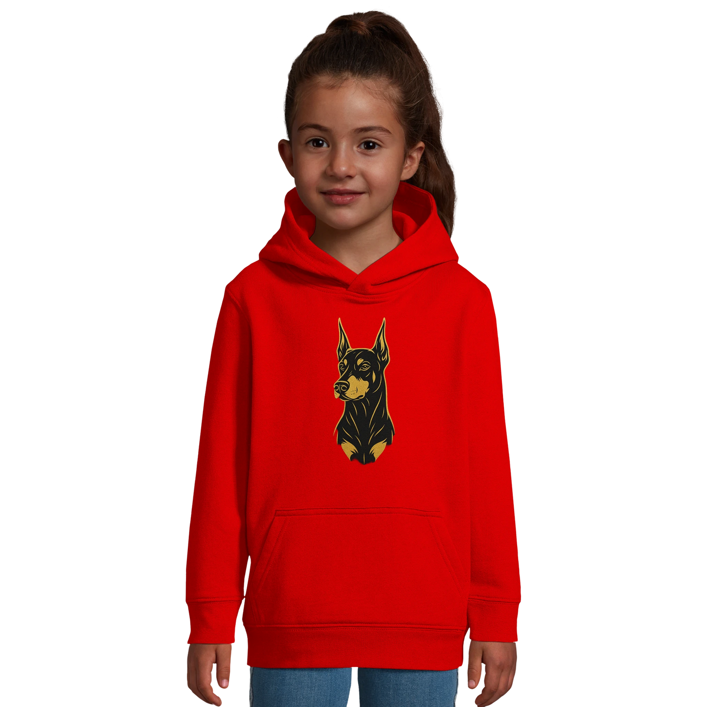 Sweat-shirt à capuche enfant rouge tête Dobermann dorée et noire