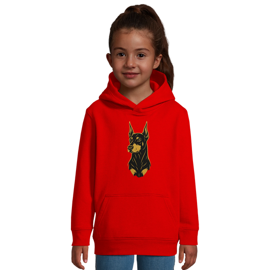 Sweat-shirt à capuche enfant rouge tête Dobermann dorée et noire