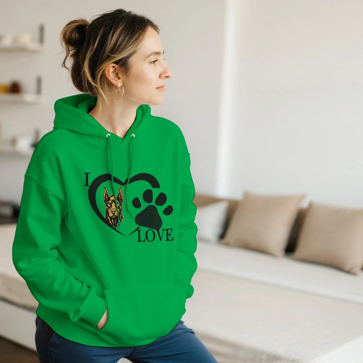 Sweat à capuche adulte unisexe classique vert I love Dobermann