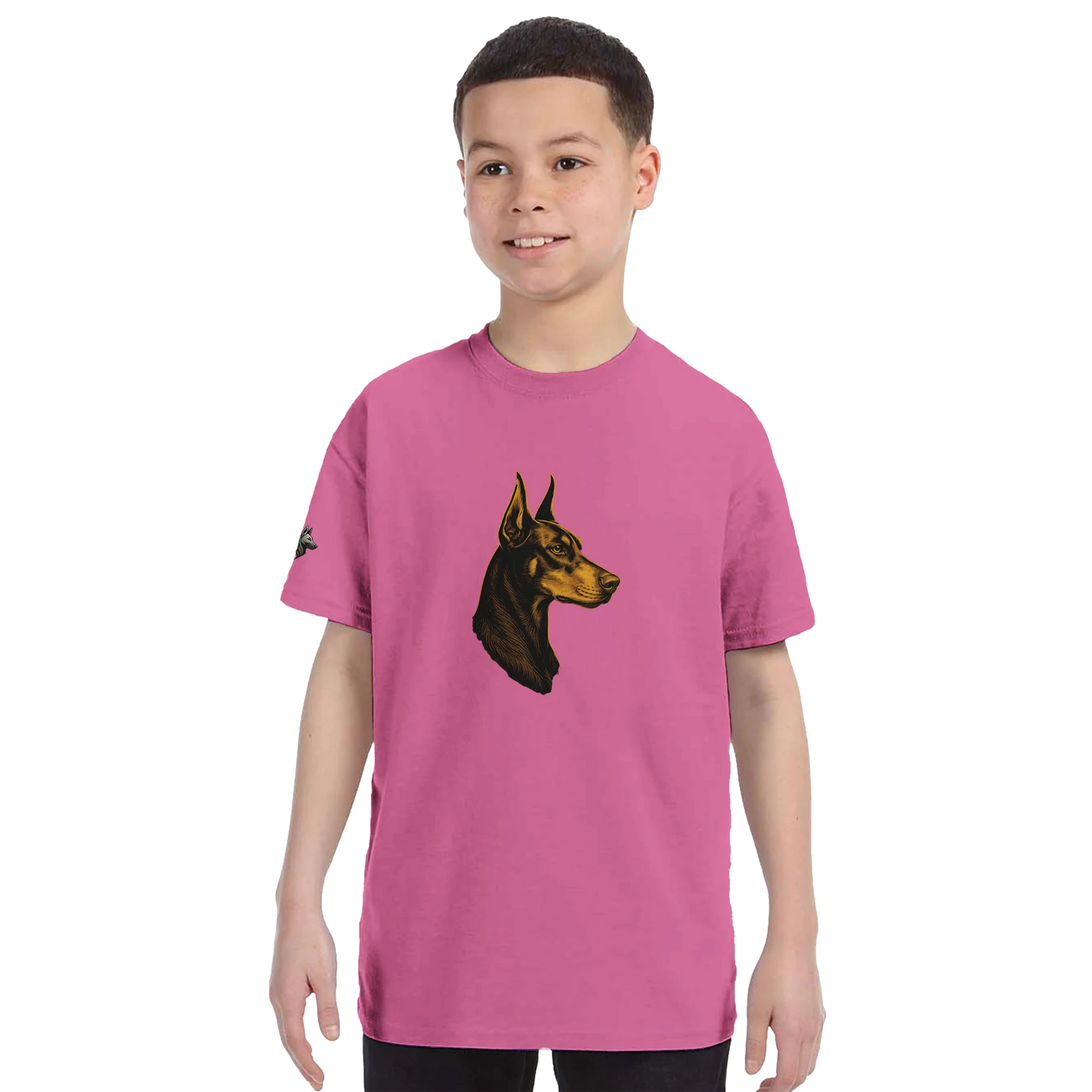 T-shirt enfant classique ras du cou tête profil Dobermann dorée avec logo sur la manche MolossDesign