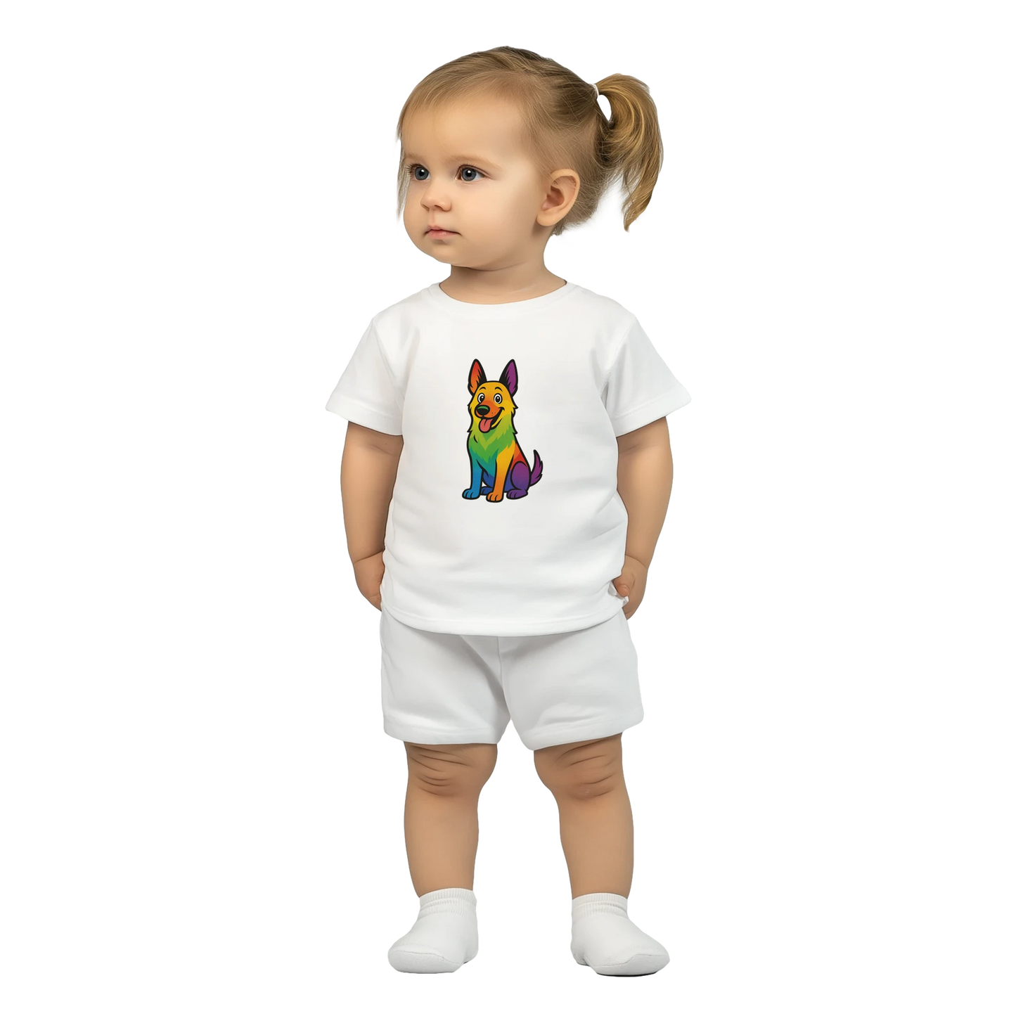 T-shirt bébé blanc coton manches courtes Malinois arc en ciel