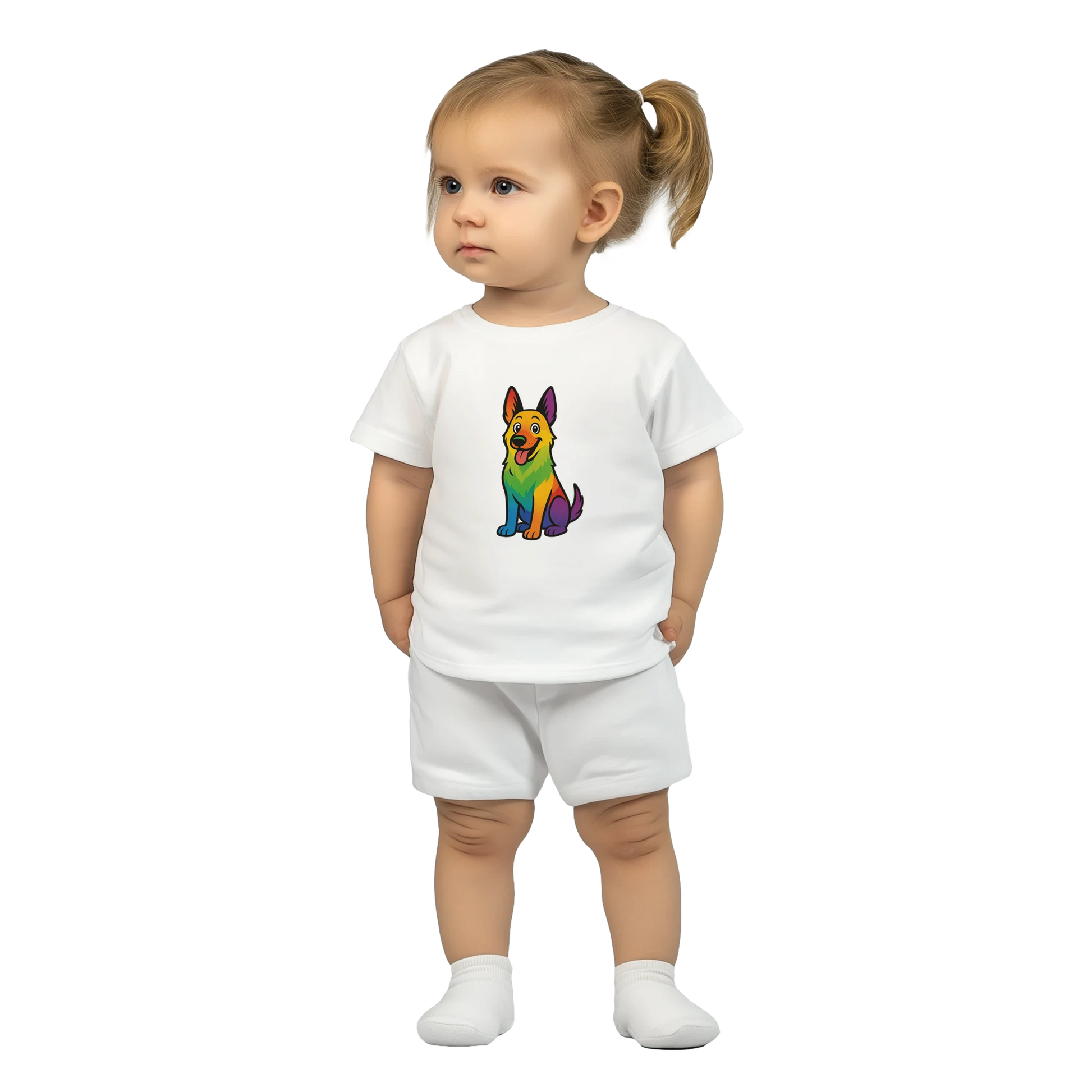 T-shirt bébé blanc coton manches courtes Malinois arc en ciel