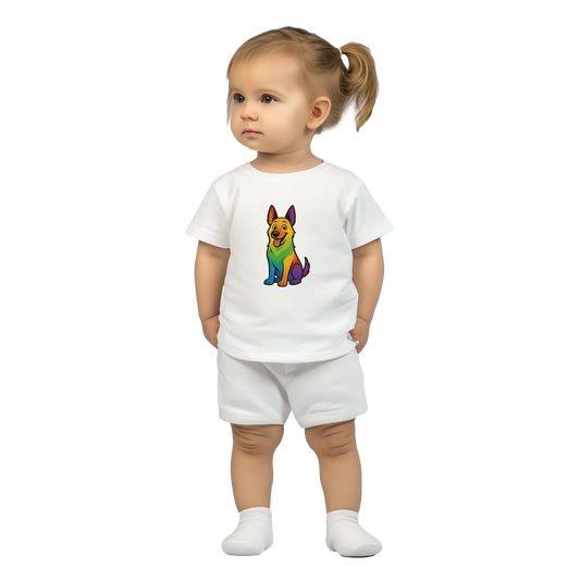 T-shirt bébé blanc coton manches courtes Malinois arc en ciel