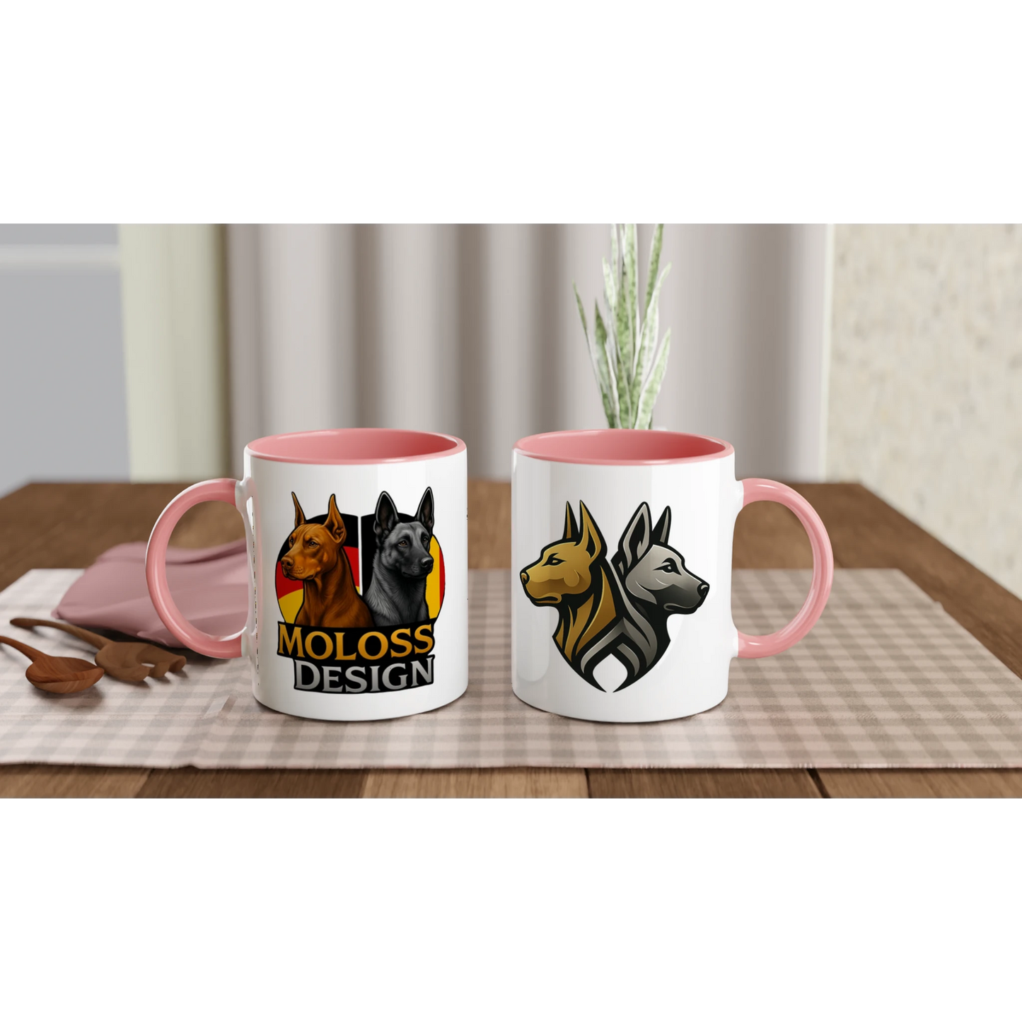 Mug céramique blanche 325 ml (11 oz) intérieur coloré rose-Dobermann et Malinois avec drapeaux