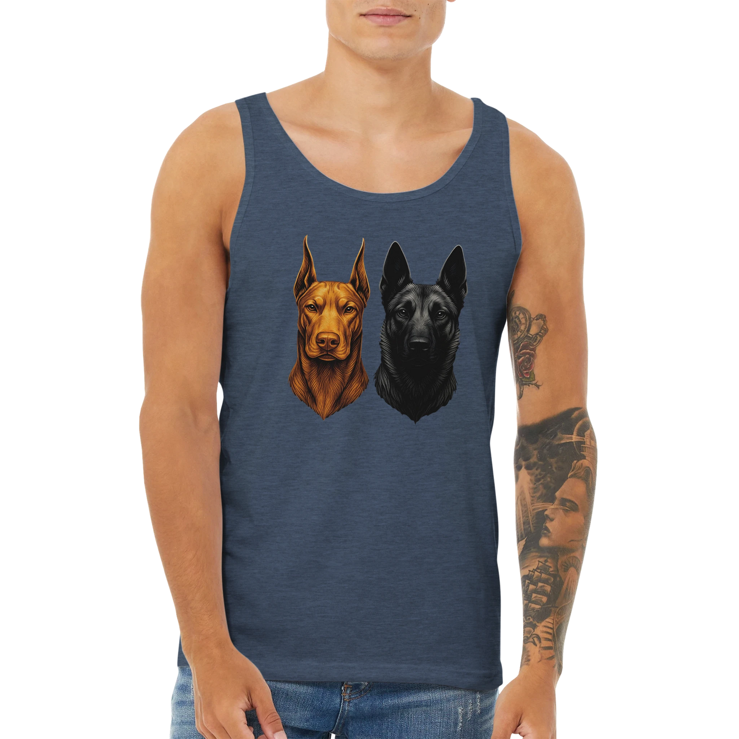 Débardeur adulte unisexe premium bleu chiné tête Dobermann+Malinois
