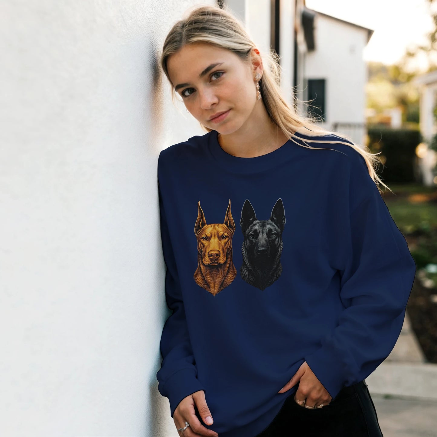 Sweat-shirt adulte unisexe classique ras du cou bleu tête Dobermann+Malinois
