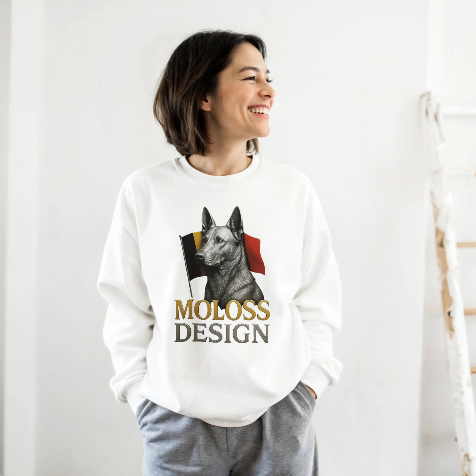 Sweat-shirt adulte unisexe classique ras du cou blanc Malinois+drapeau