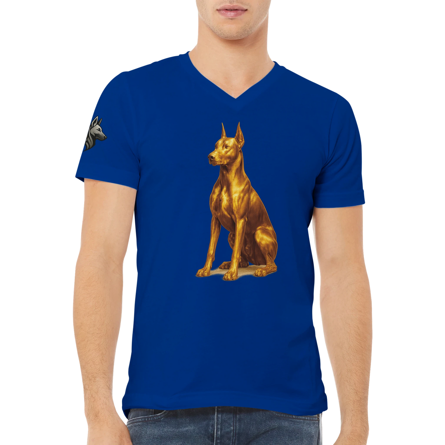 T-shirt unisexe premium col en V bleu Dobermann doré assis