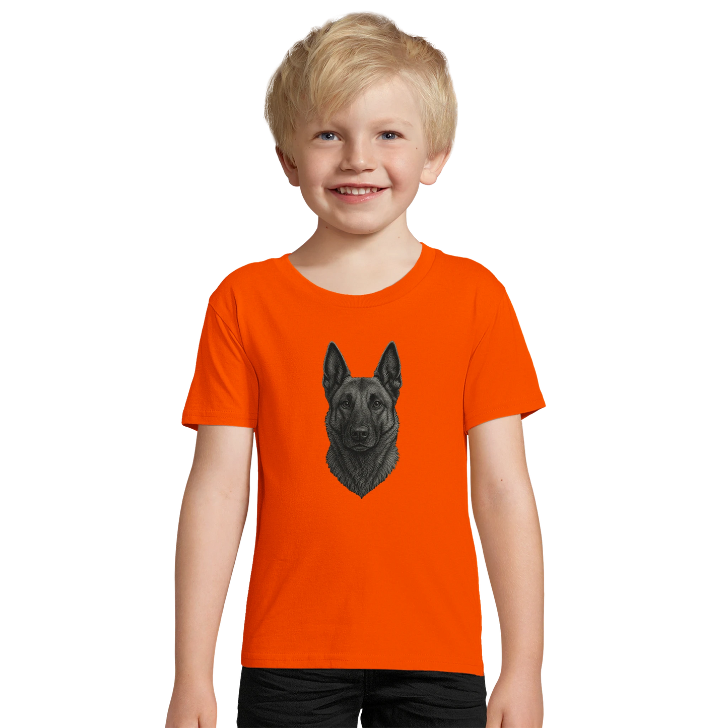 Marque MolossDesign | T-shirt enfant coton bio ajusté tête Malinois argentée1 avec logo sur le dos MolossDesign