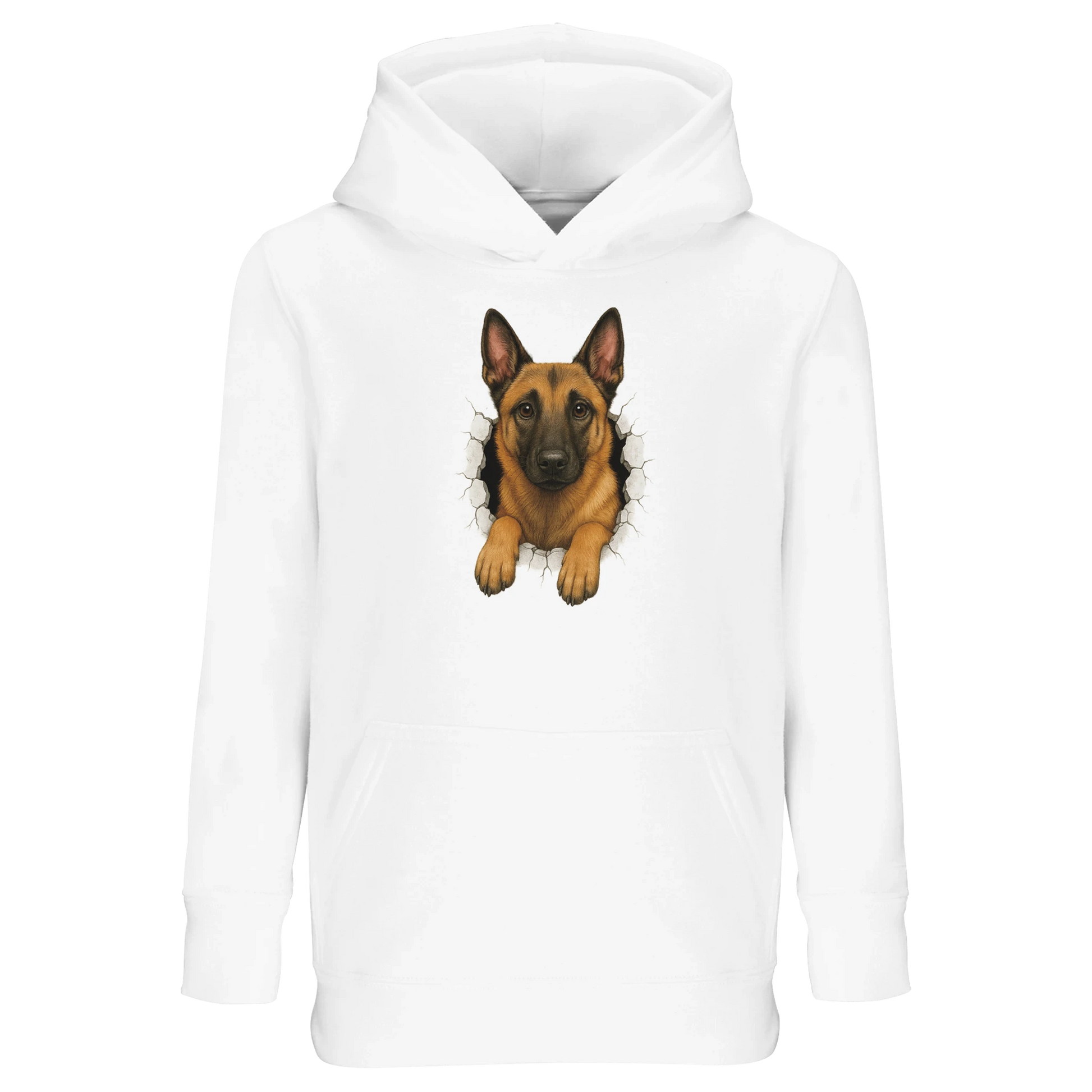 Sweat-shirt enfant à capuche blanc Malinois trou mur