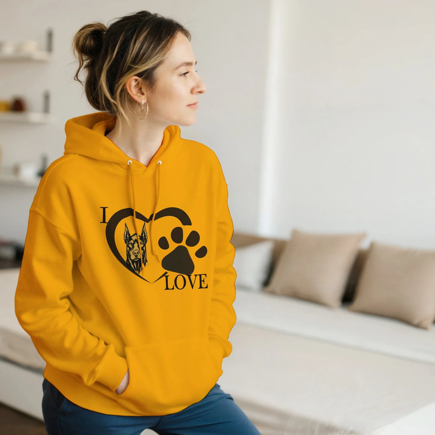 Sweat à capuche adulte unisexe classique jaune I love Dobermann