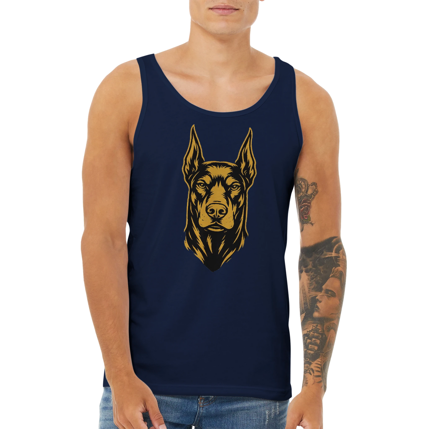 Débardeur adulte unisexe premium bleu tête Dobermann noir doré