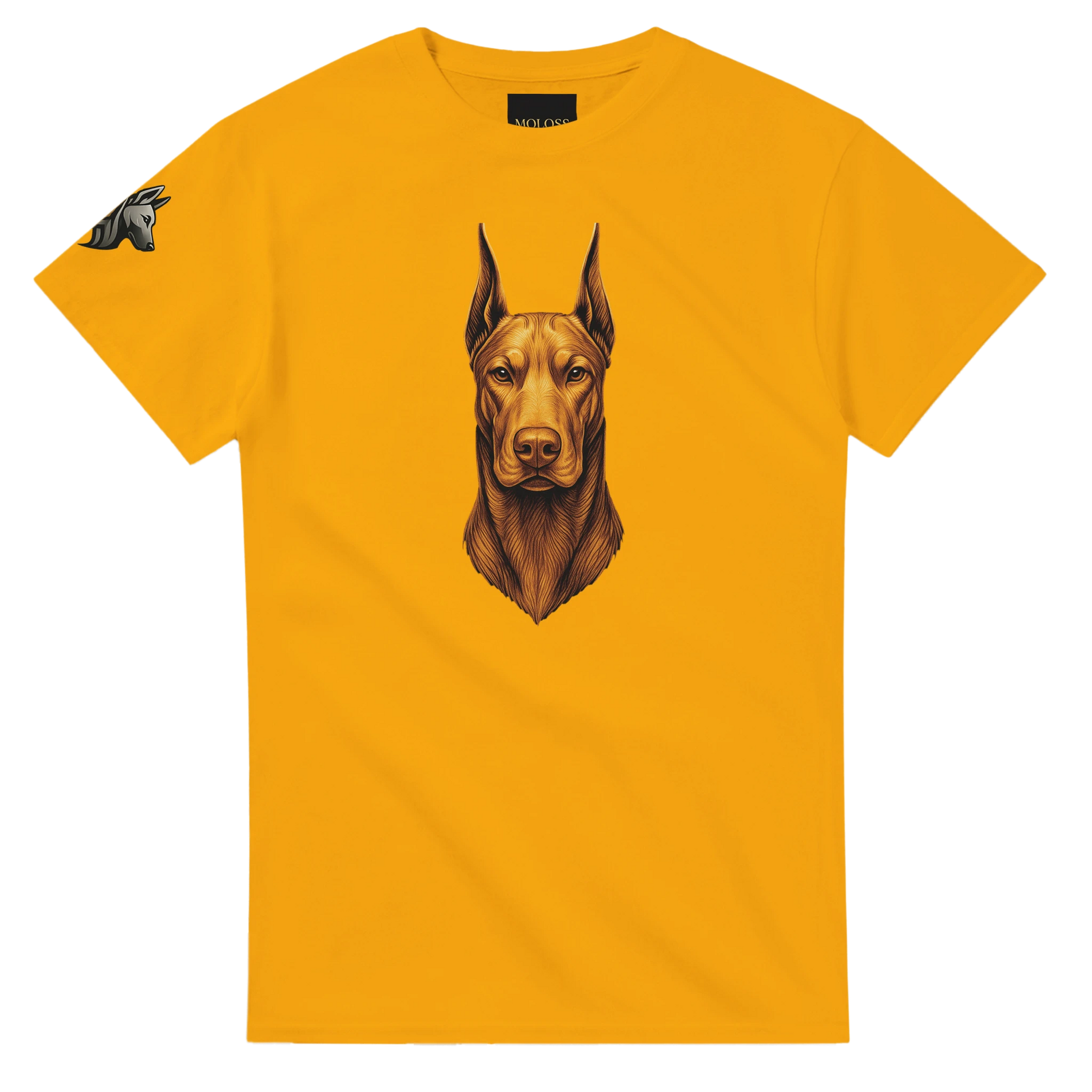 T-shirt adulte unisexe épais ras du cou jaune tête face Dobermann dorée