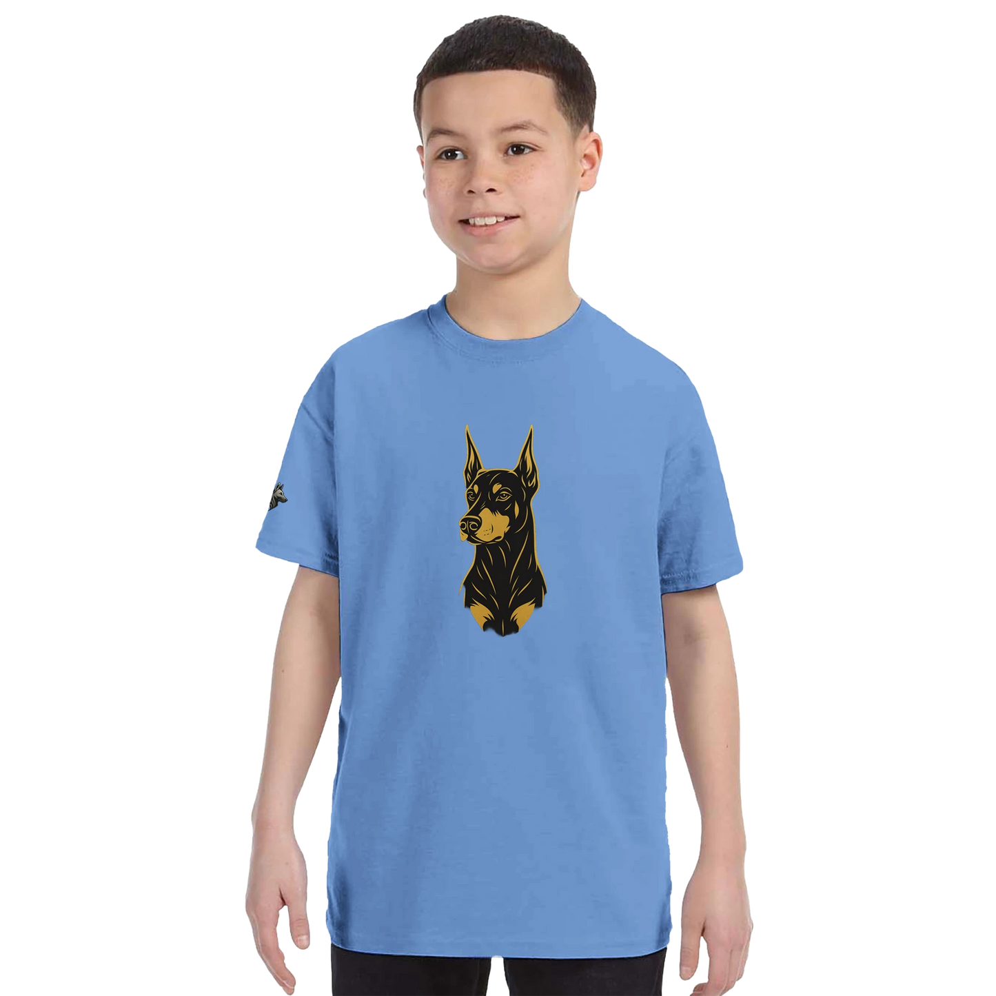 T-shirt enfant classique ras du cou tête Dobermann dorée et noire1 avec logo sur manche droite MolossDesign