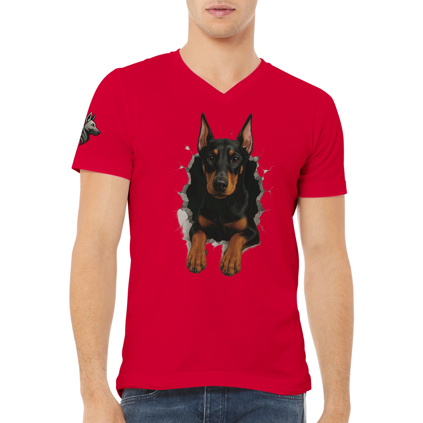 T-shirt adulte unisexe premium col en V rouge-Dobermann trou mur