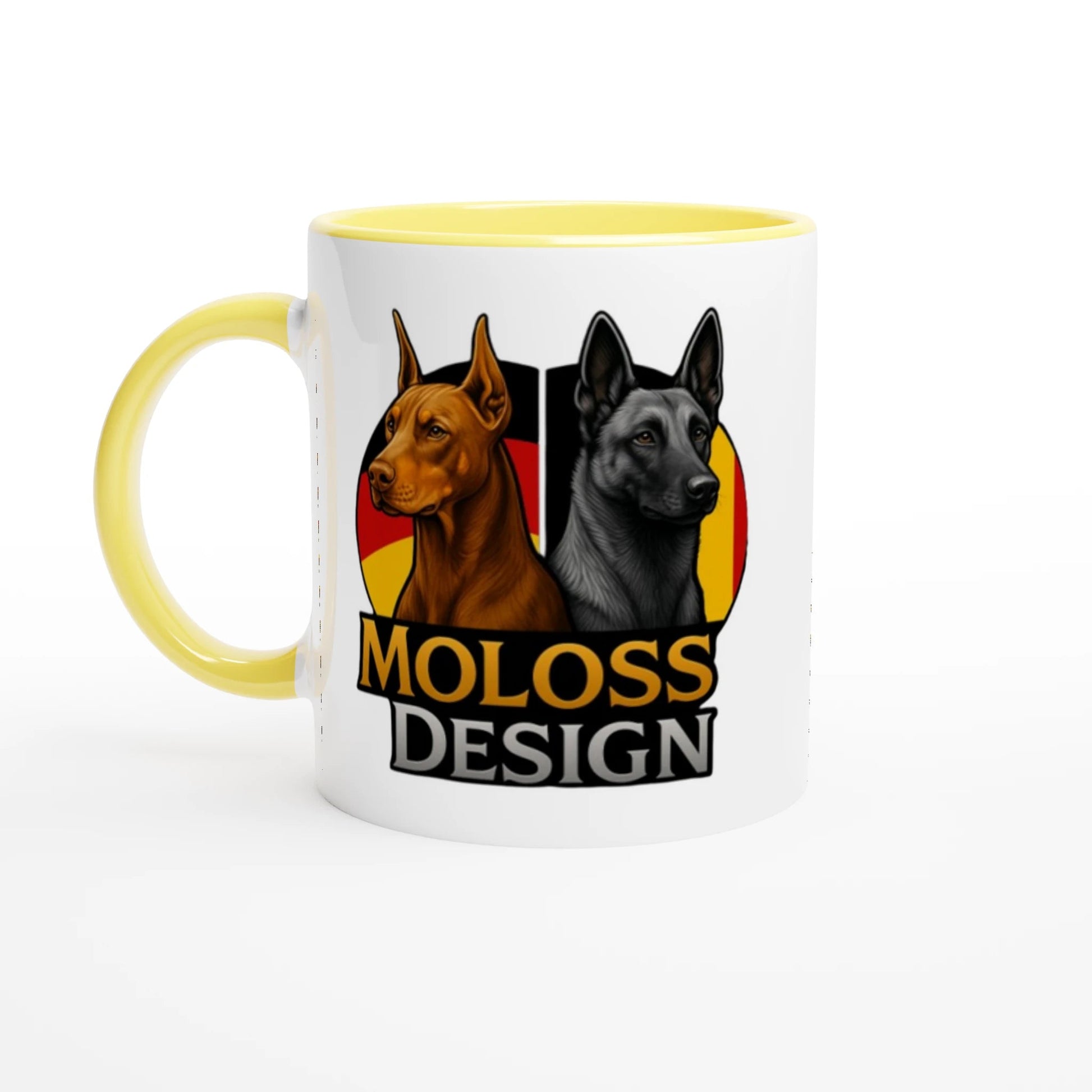 Mug céramique blanche 325 ml (11 oz) intérieur coloré-Dobermann et Malinois avec drapeaux