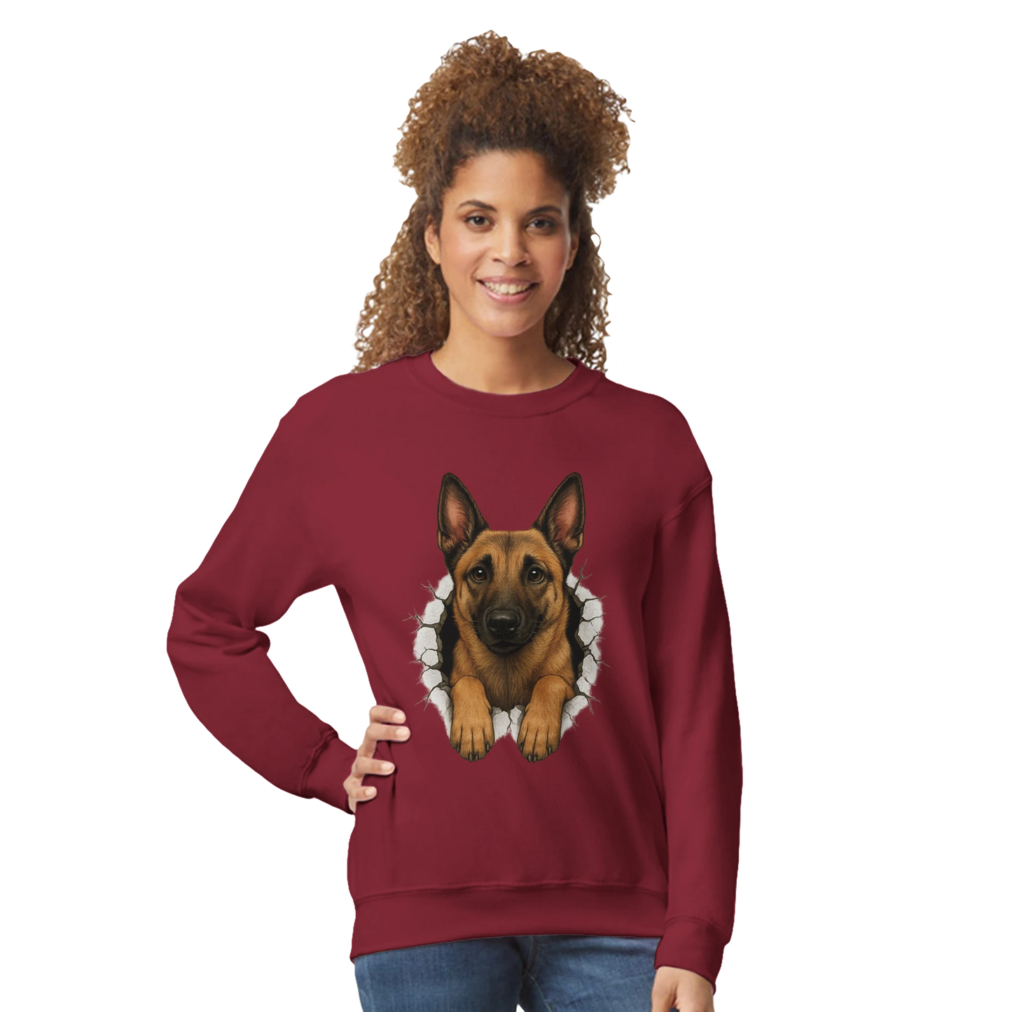 Sweat-shirt adulte unisexe classique ras du cou rouge Malinois trou mur