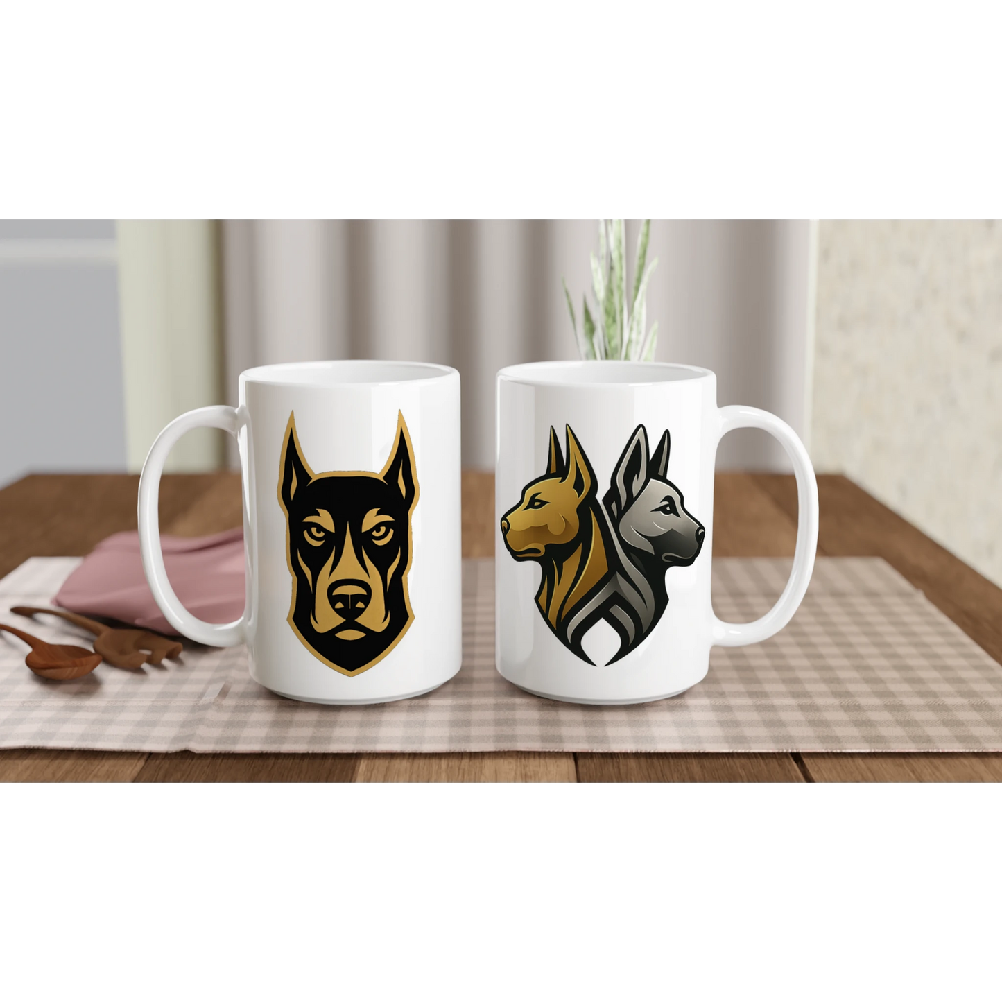 Mug céramique blanche 443 ml (15 oz) tête Dobermann doré et noir