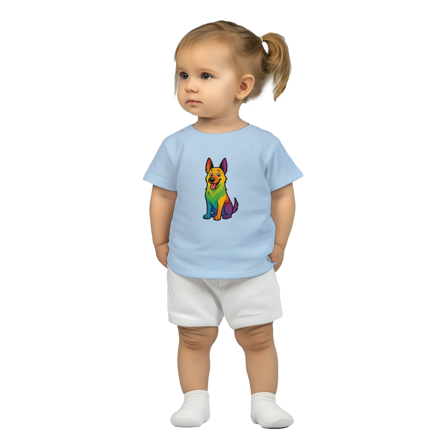 T-shirt bébé bleu ciel coton manches courtes Malinois arc en ciel