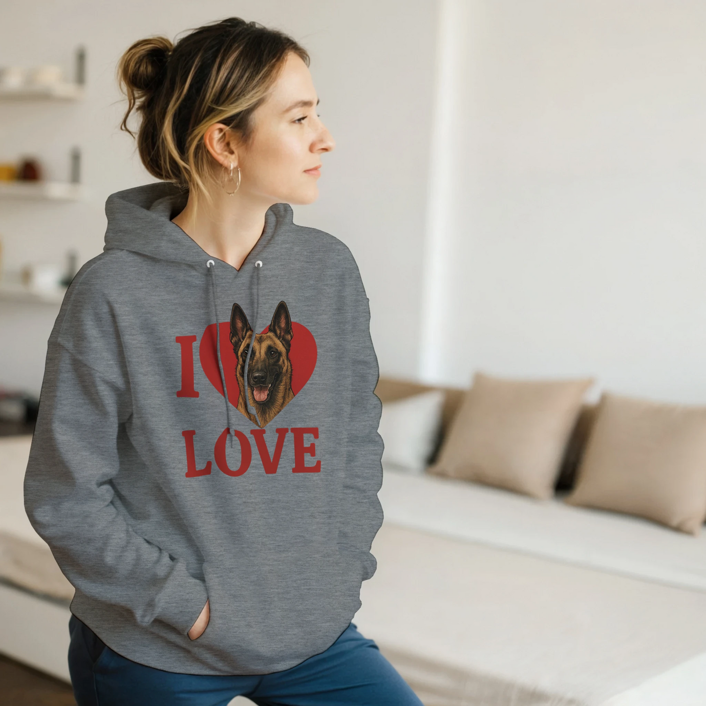 Sweat à capuche adulte unisexe classique gris I love Malinois