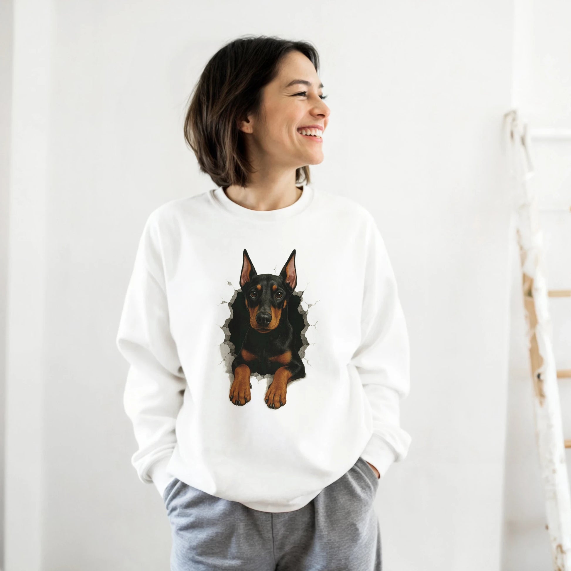 Sweat-shirt adulte unisexe classique ras du cou blanc Dobermann trou mur