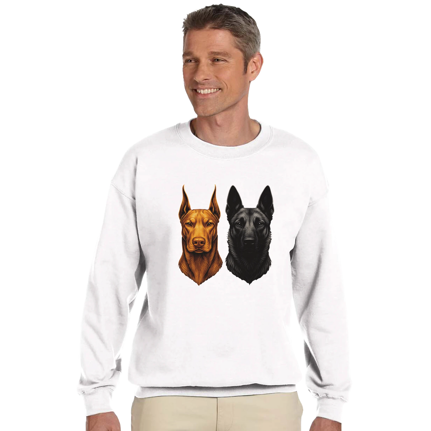 Sweat-shirt adulte unisexe classique ras du cou blanc tête Dobermann+Malinois