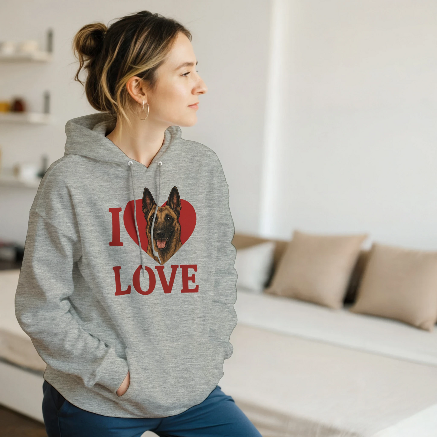 Sweat à capuche adulte unisexe classique gris I love Malinois