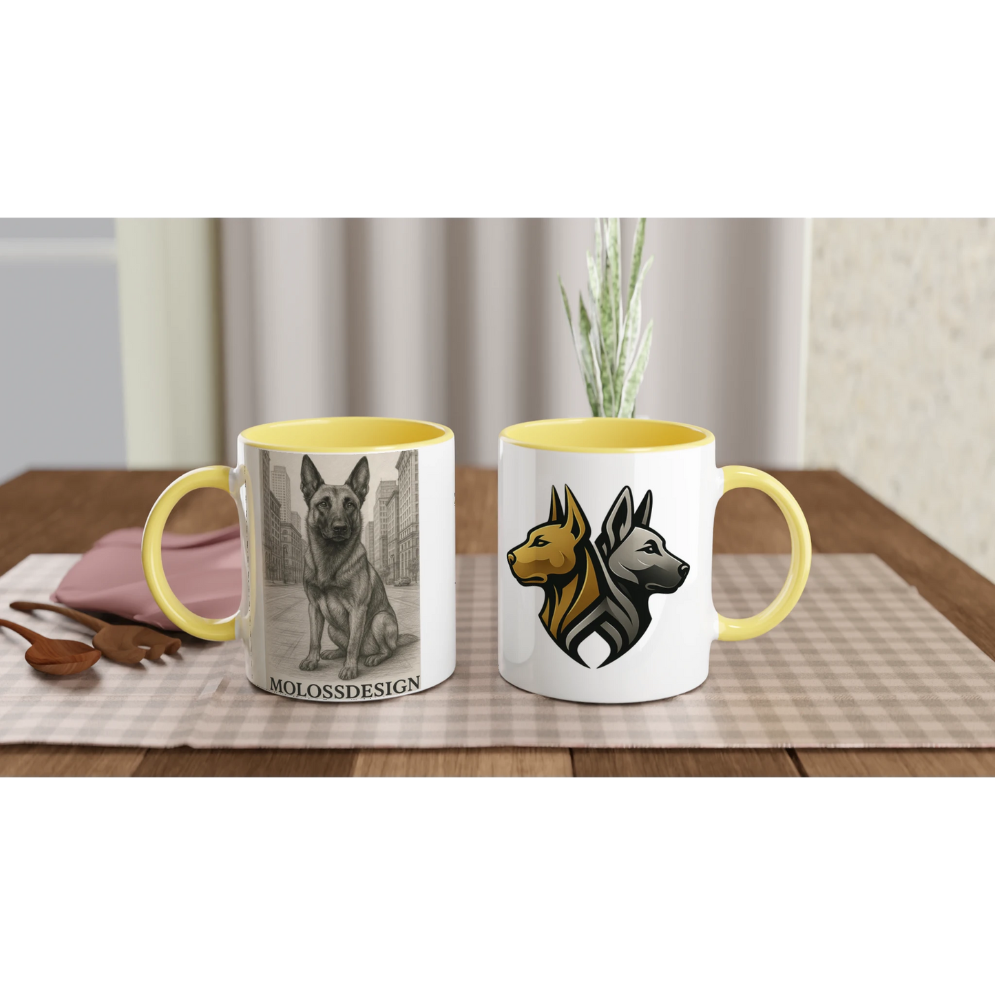 Mug céramique blanche 325 ml (11 oz) intérieur coloré jaune-affiche Malinois au crayon
