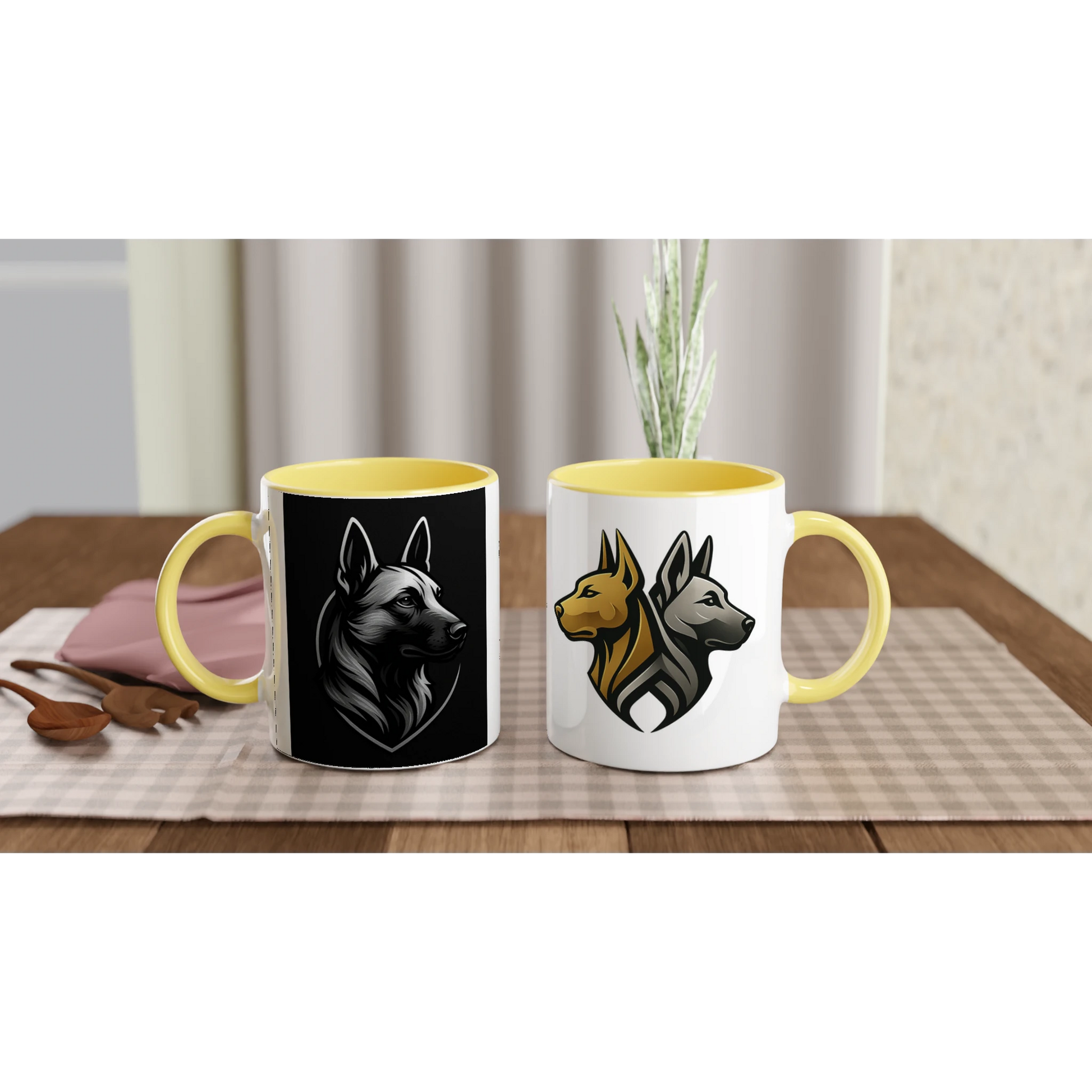 Mug céramique blanche 325 ml (11 oz) intérieur coloré jaune-tête Malinois fond noir