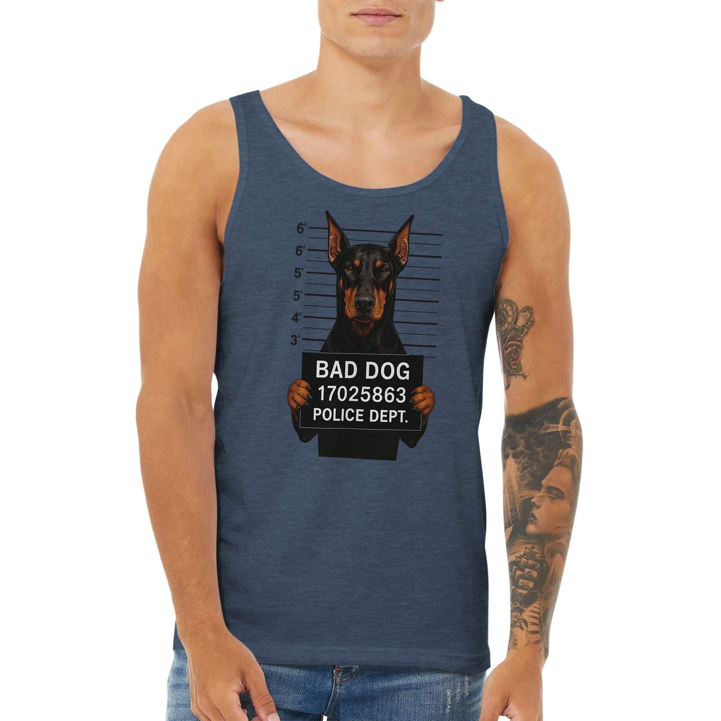 Débardeur adulte unisexe premium bleu chiné Bad dog Dobermann