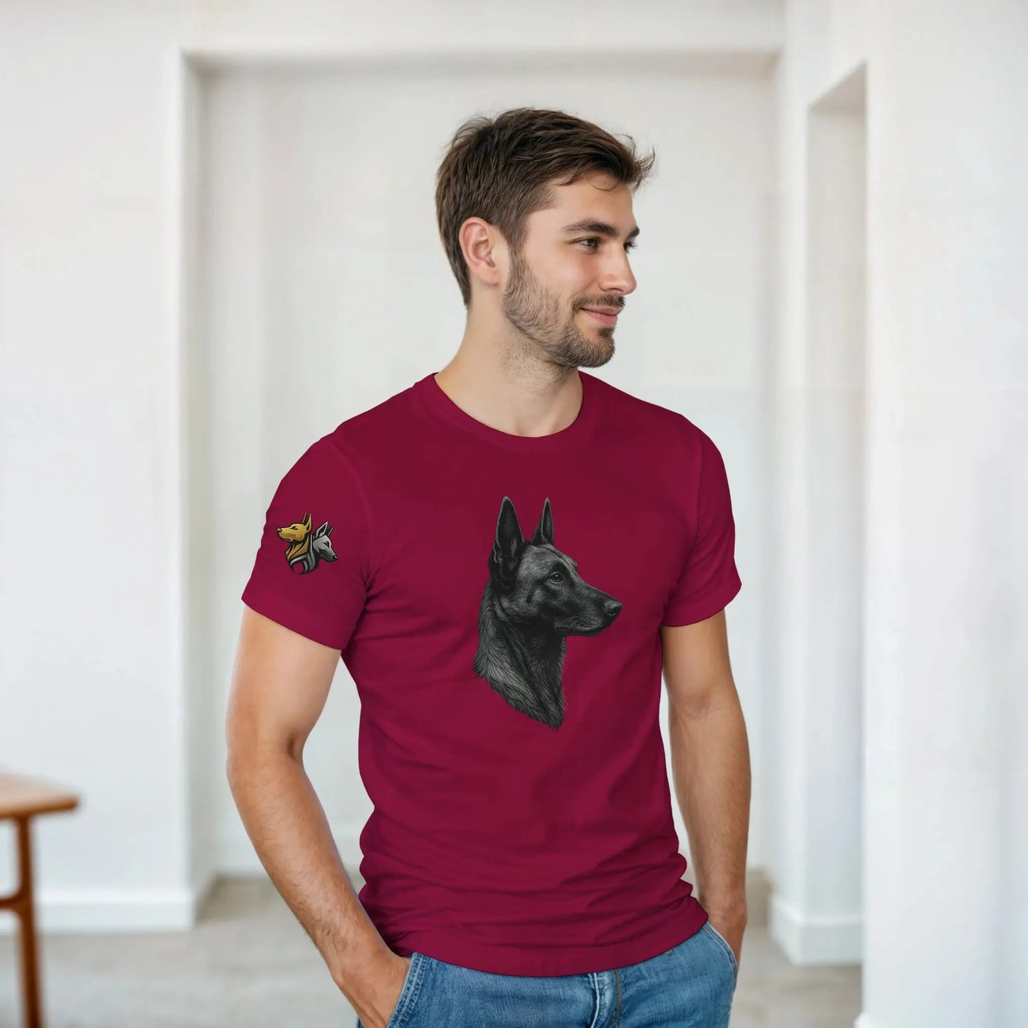 T-shirt adulte unisexe épais ras du cou rouge tête profil Malinois argentée