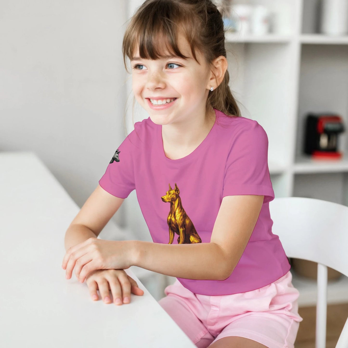 Marque MolossDesign | T-shirt enfant classique ras du cou Dobermann doré assis1 avec logo sur manche droite MolossDesign