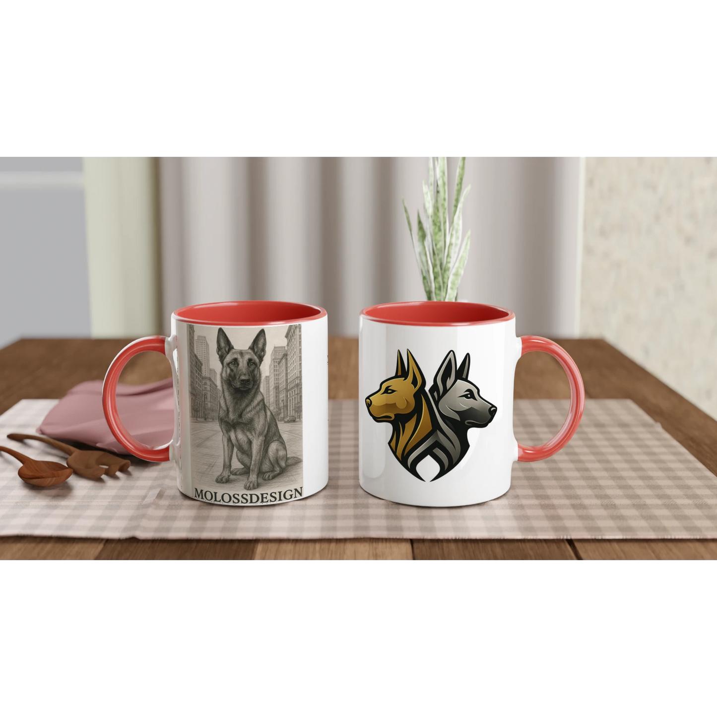 Mug céramique blanche 325 ml (11 oz) intérieur coloré rouge-affiche Malinois au crayon