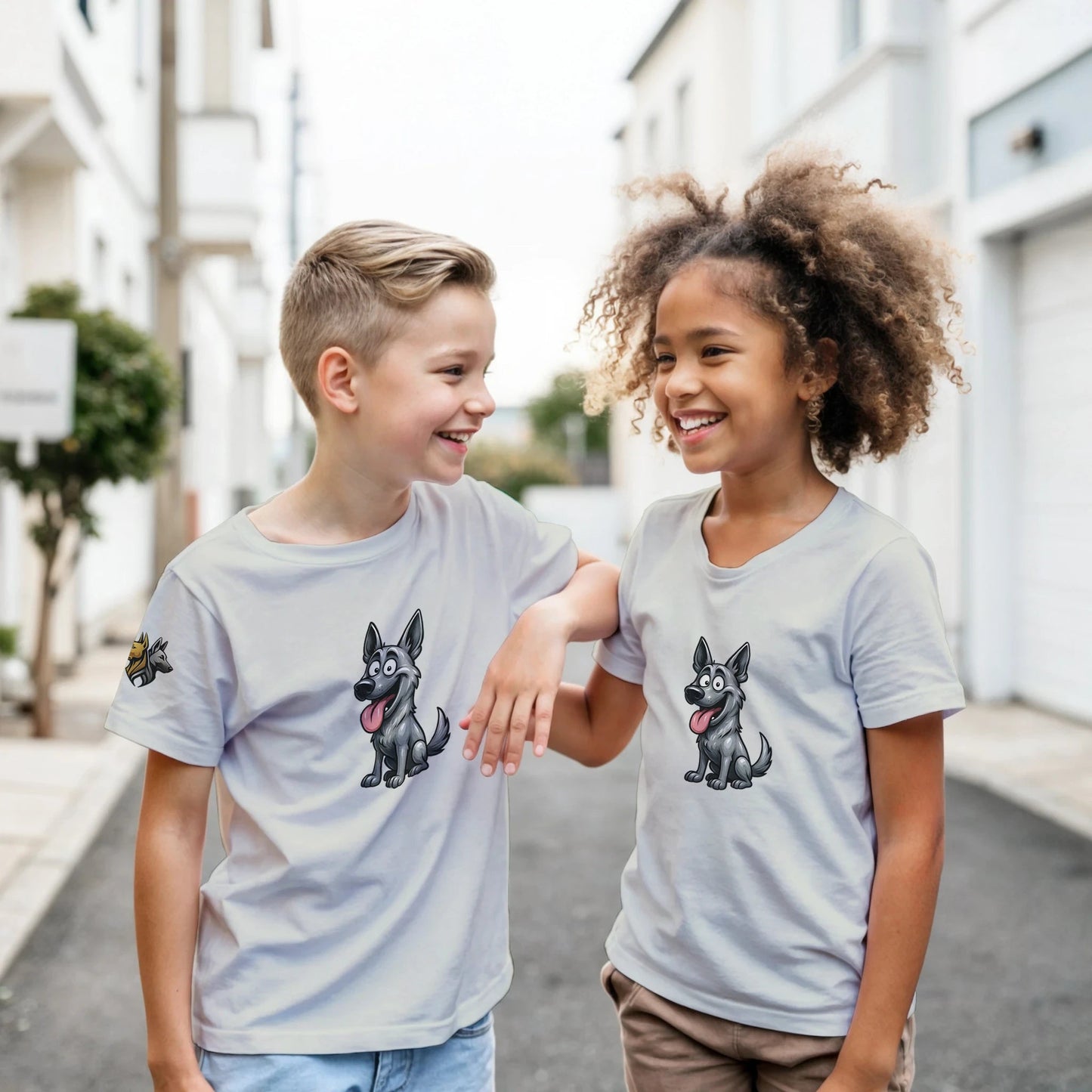 Marque MolossDesign | T-shirt enfant classique ras du cou Malinois humour1 avec logo sur manche droite MolossDesign