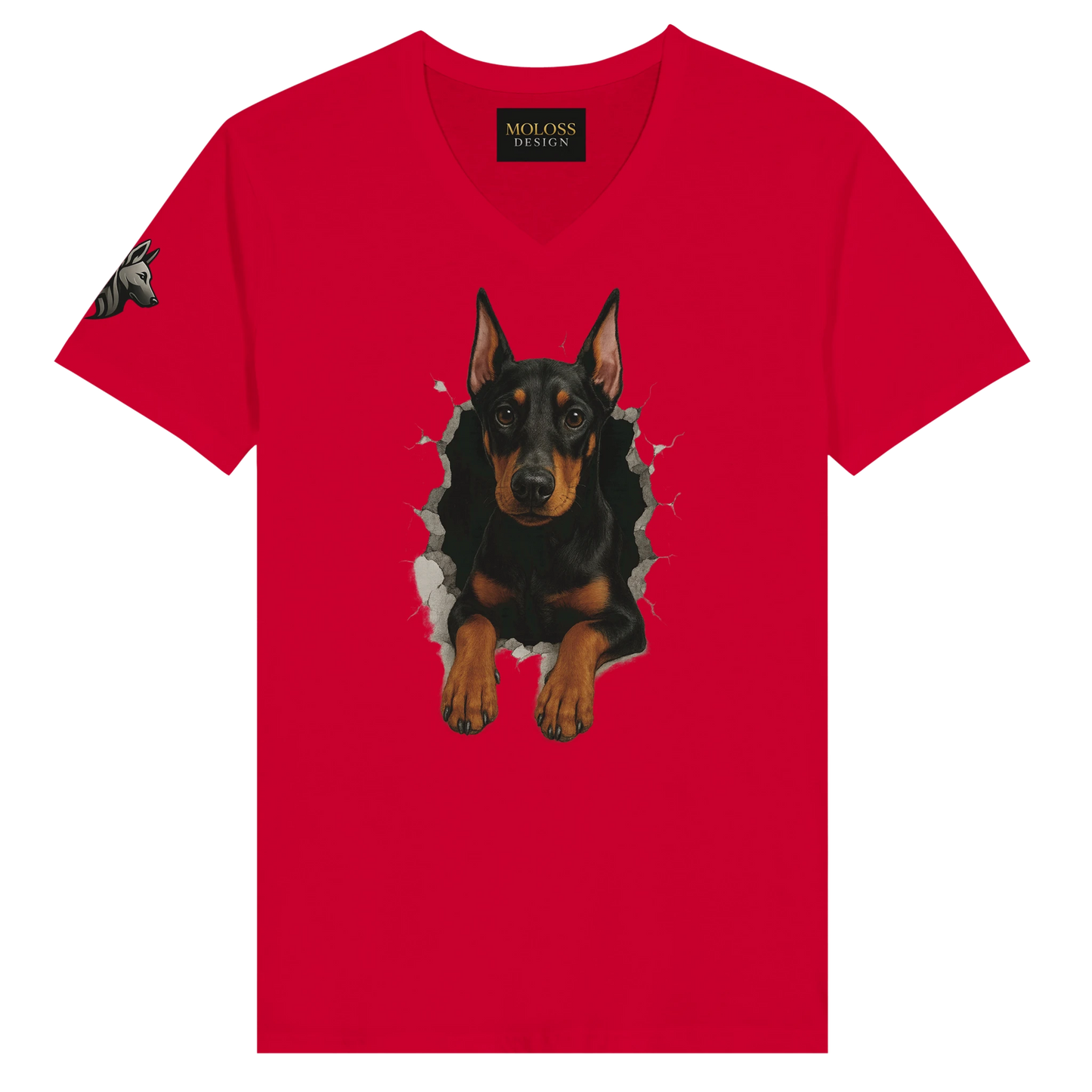 T-shirt adulte unisexe premium col en V rouge-Dobermann trou mur