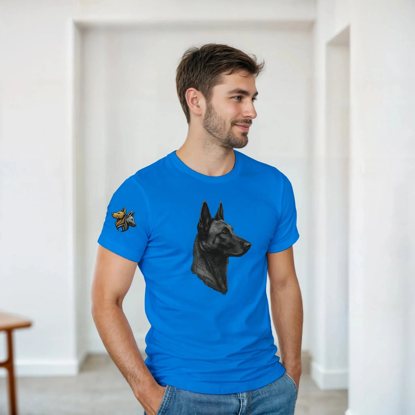 T-shirt adulte unisexe épais ras du cou bleu tête profil Malinois argentée