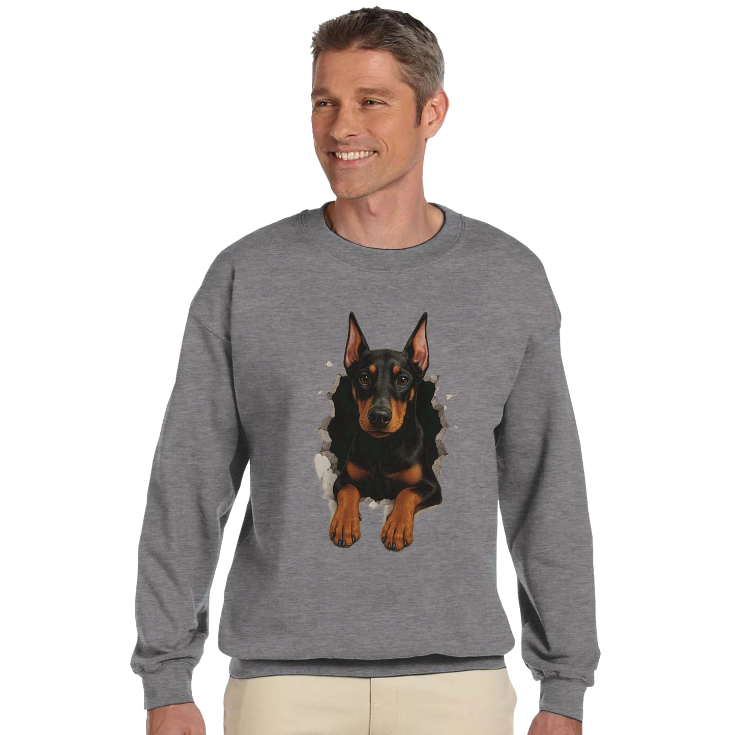 Sweat-shirt adulte unisexe classique ras du cou gris Dobermann trou mur