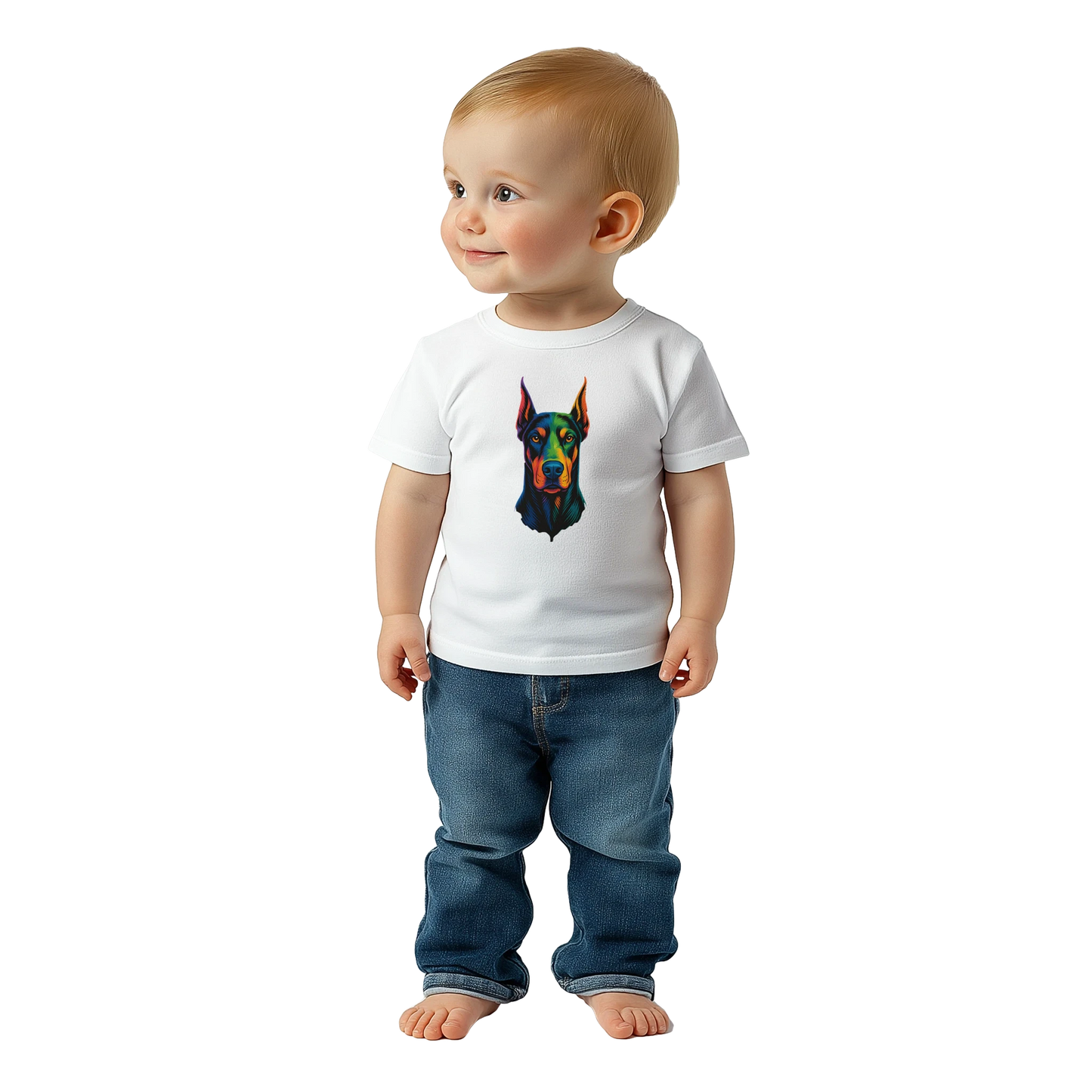 T-shirt bébé blanc coton manches courtes Dobermann arc en ciel