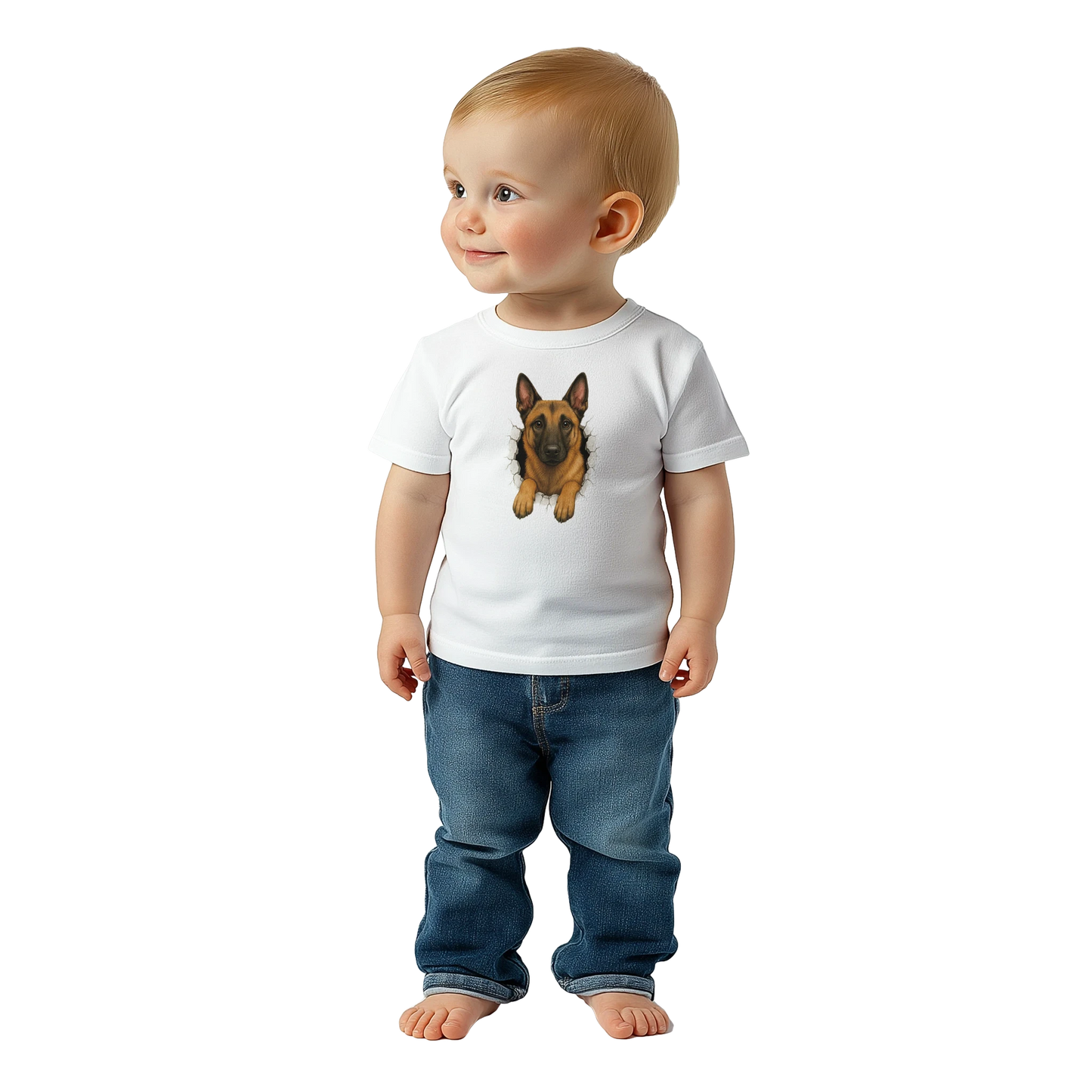 T-shirt-bébé classique blanc Malinois trou mur