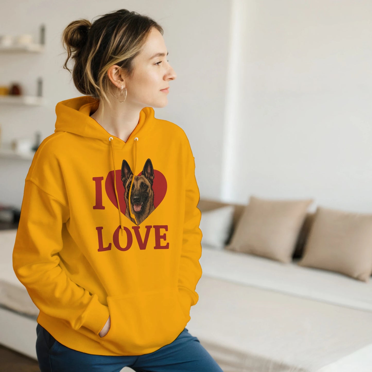 Sweat à capuche adulte unisexe classique jaune I love Malinois