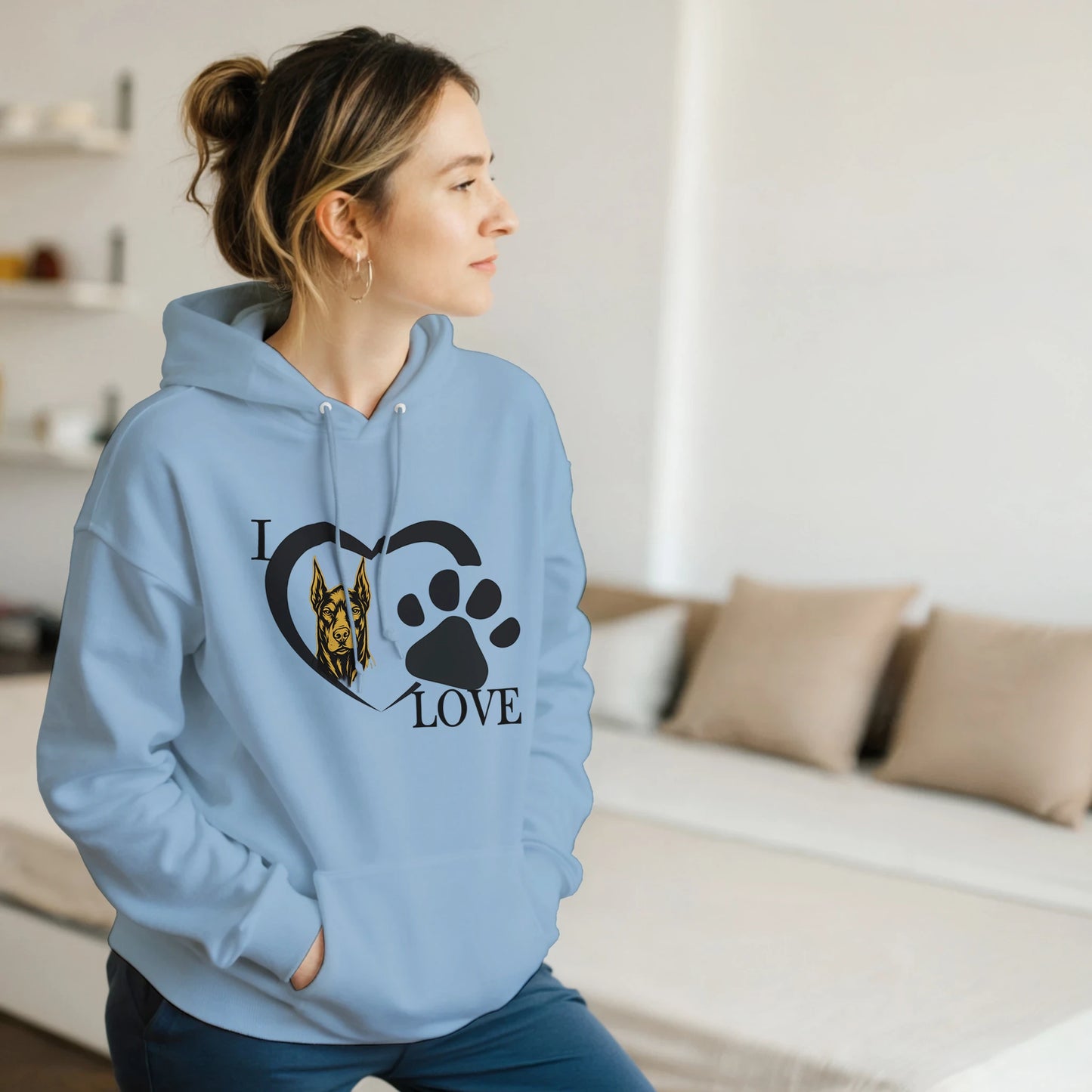 Sweat à capuche adulte unisexe classique bleu I love Dobermann