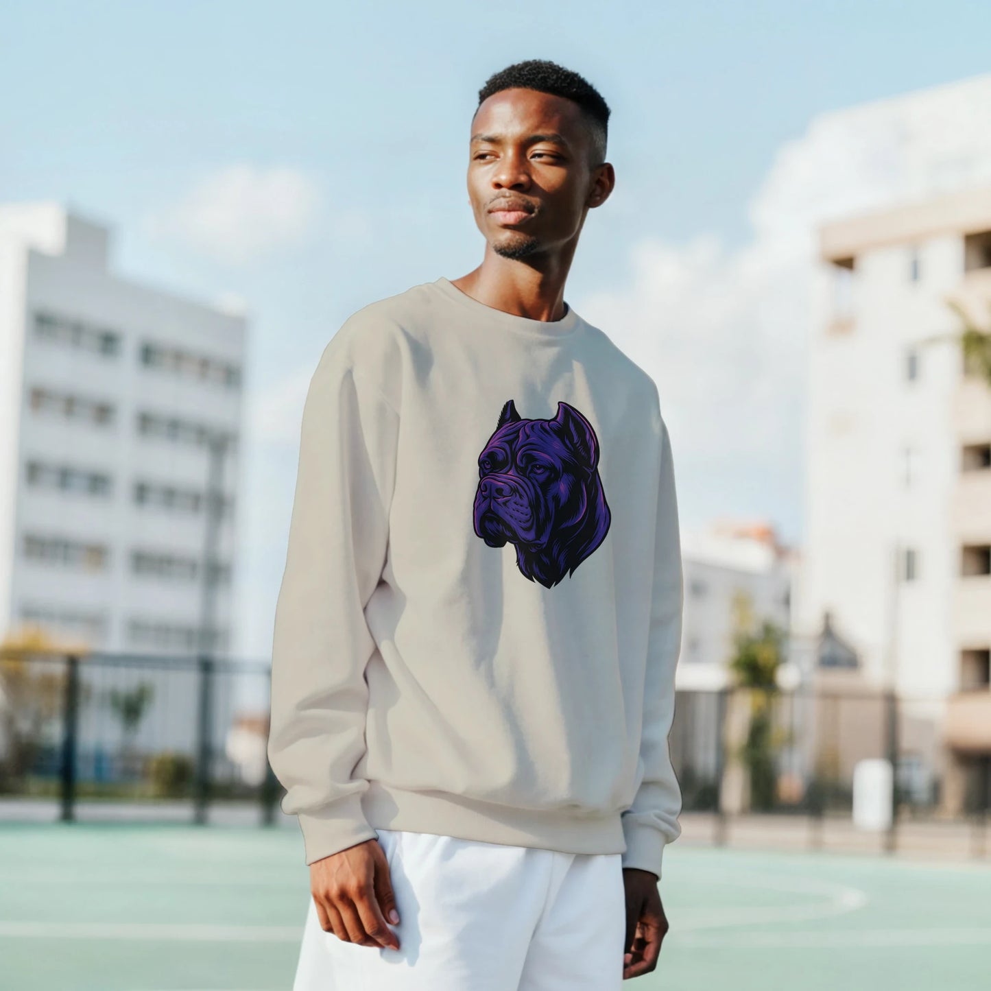 Sweat-shirt adulte unisexe classique ras du cou beige tête Cane Corso