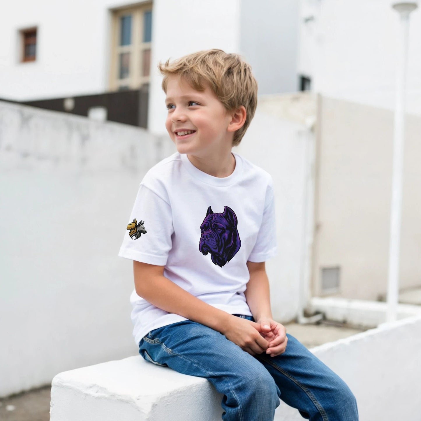 T-shirt enfant classique ras du cou tête Cane Corso 1 avec logo sur manche droite MolossDesign