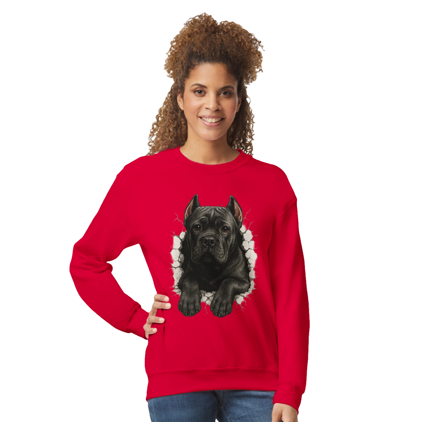 Sweat-shirt adulte unisexe classique ras du cou rouge Cane Corso trou mur