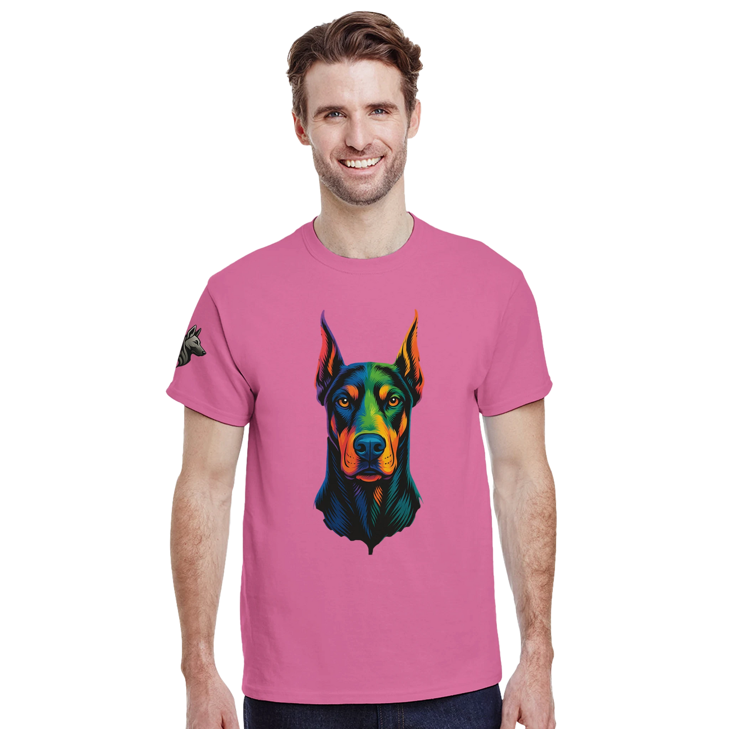 T-shirt adulte unisexe épais ras du cou rose tête Dobermann arc en ciel