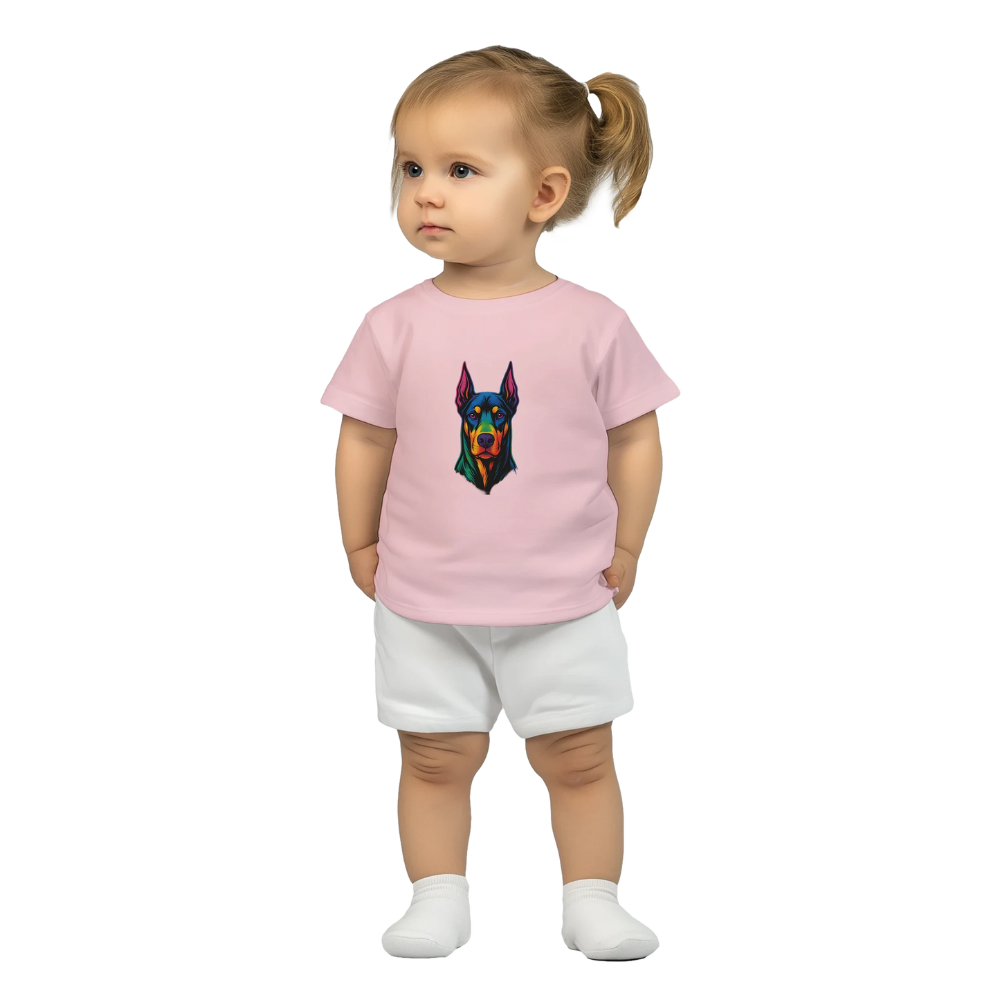 T-shirt bébé rose coton manches courtes Dobermann arc en ciel