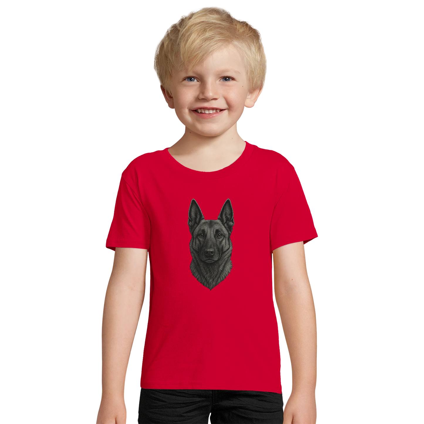 Marque MolossDesign | T-shirt enfant coton bio ajusté tête Malinois argentée1 avec logo sur le dos MolossDesign