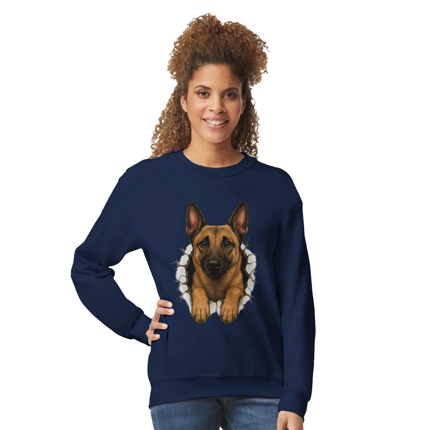 Sweat-shirt adulte unisexe classique ras du cou bleu Malinois trou mur
