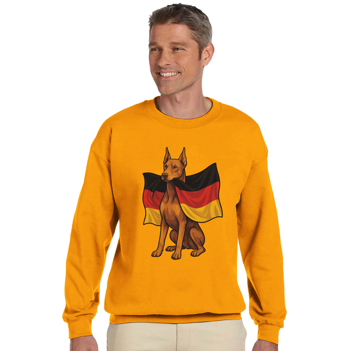 Sweat-shirt adulte unisexe classique ras du cou jaune Dobermann+drapeau